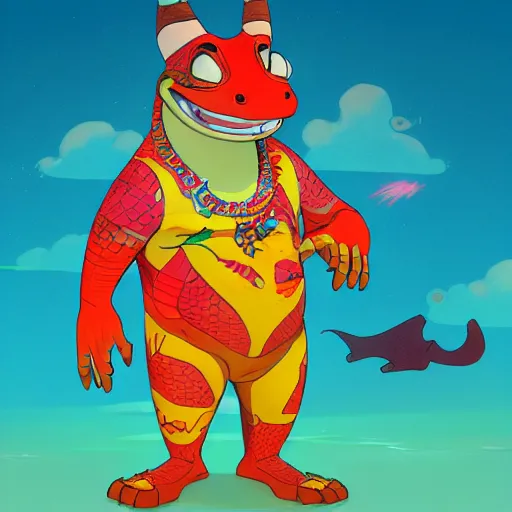 Image similar to in the style of loish, anthropomorphic alligator, red scales on his back, yellow scale on his belly and chest, male, waring a hawaiian shirt, in the style of zootopia