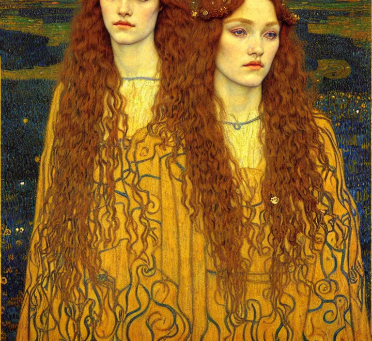 Image similar to detailed realistic beautiful young medieval queen face portrait by jean delville, gustav klimt and vincent van gogh, art nouveau, symbolist, visionary, gothic, pre - raphaelite, muted earthy colors, desaturated