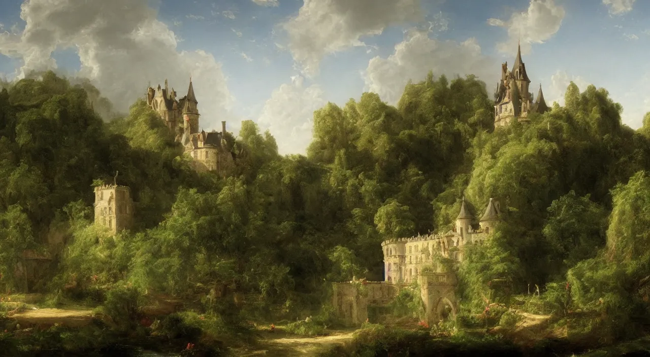 Image similar to a landscape painting of a French castle, with a garden, by Thomas Cole, trending on artstation