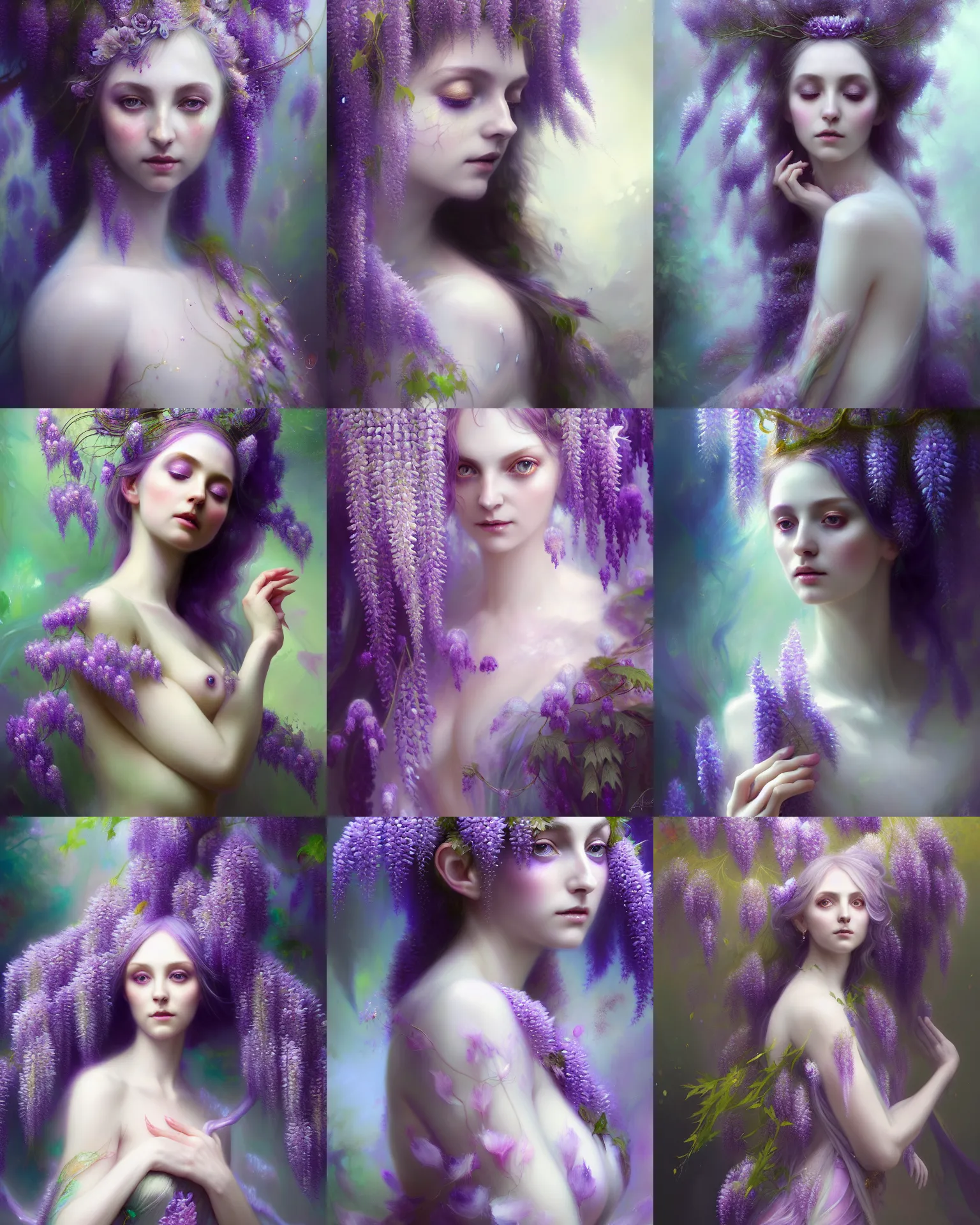 Image similar to Full View Portrait Mystical ethereal wisteria deity wearing beautiful dress, wisteria Dryad, 4k digital masterpiece by Anna dittman and Ruan Jia and Alberto Seveso, fantasycore, Hyperdetailed, realistic oil on linen, soft lighting, wisteria background, featured on Artstation