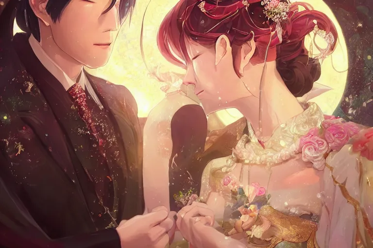 Image similar to a dreamlike portrait of wedding photograph close up moment of a divine a taiwan sun god and moon goddess lovers magician at a wedding banquet. portraiture. digital painting. artstation. concept art. fantasy wedding photo. digital painting, 8 k realistic, hyper detailed, by makoto shinkai and akihiko yoshida and hidari and wlop