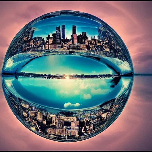 Image similar to huge city inside a water bubble, via tilt shift photography