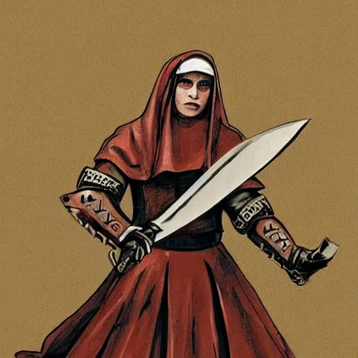 Prompt: A nun warrior dressed in battle armour standing in a fighting pose with a curved blade dagger in each hand, in the background is an elegant library, dramatic and atmospheric, storybook illustration, warm colours