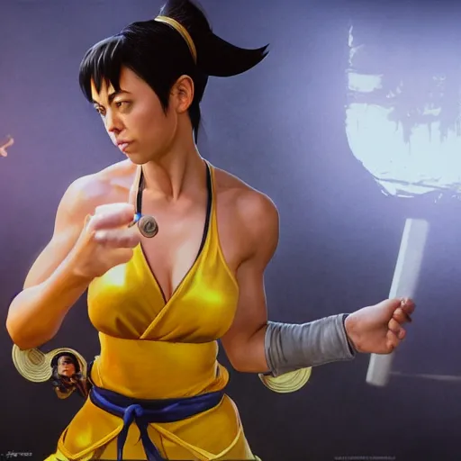 Image similar to aubrey plaza as chun li street fighter, ultra realistic, concept art, intricate details, highly detailed, photorealistic, octane render, 8 k, unreal engine, art by frank frazetta, simon bisley, brom