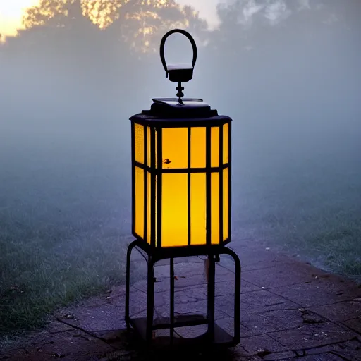 Image similar to a lantern in a foggy garden at blue hour, dusk