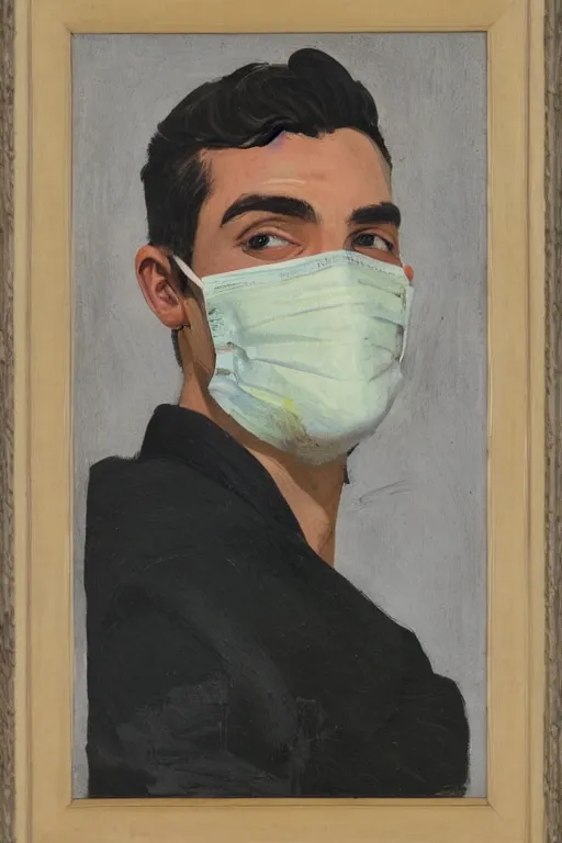 Image similar to portrait of young man wearing black medical mask, style of coby whitmore