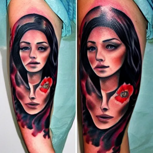 Image similar to tattoo realism design of a beautiful girl with a mountain scenery next to her, hyper realistic