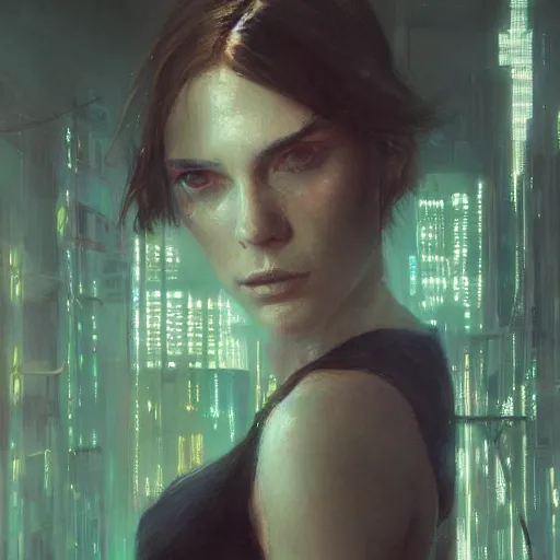 Image similar to detailed portrait of a woman, moment, cyberpunk cloisters, electronic billboards, tech noir, wet reflections, atmospheric, ambient, livia prima, greg rutkowski, edward hopper