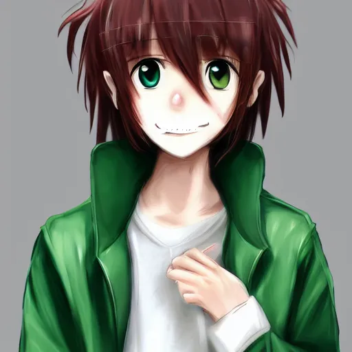 Prompt: cute white anime catboy wearing green jacket anthropomorphic, anime, digital painting