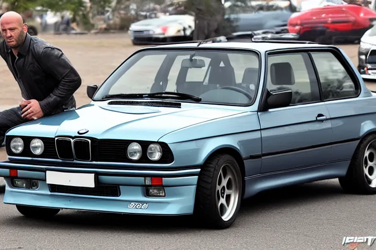 Image similar to Angry Jason Statham lifts BMW e30 that sits above him