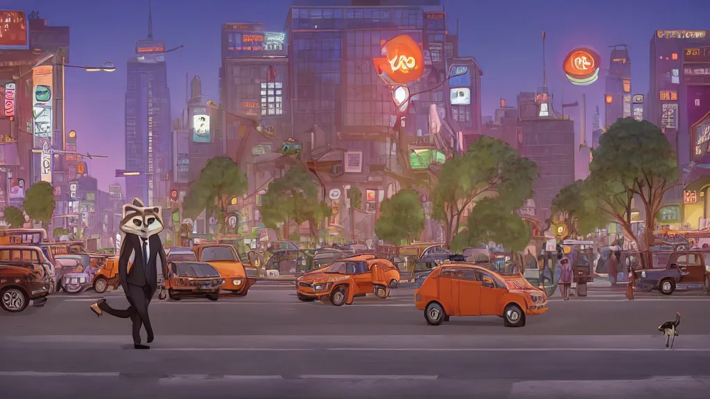 Prompt: An anthropomorphic raccoon businessman is walking down a busy crosswalk at sunset, warm lighting with an orange glow blanketing the cityscape, zootopia, other anthropomorphic characters are walking by him, extremely detailed, HDR, sideview, solemn and moody, many cars and animal people in the background, detailed face and eyes, visible pupils, the ground is wet with many rain puddles, reflections from the water on the ground, shadows are being cast from the cars and people walking around
