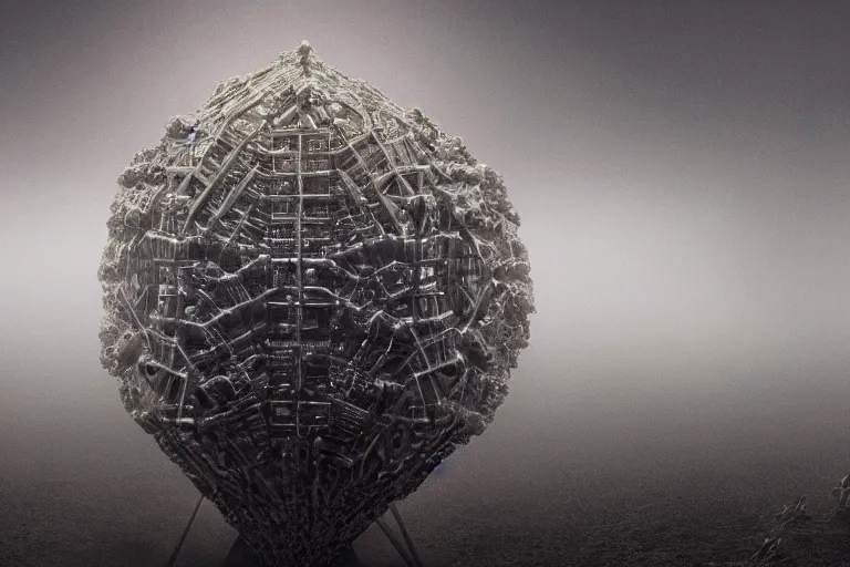 Image similar to a complex organic fractal 3 d ceramic humanoid megastructure, cinematic shot, foggy, photo still from movie by denis villeneuve