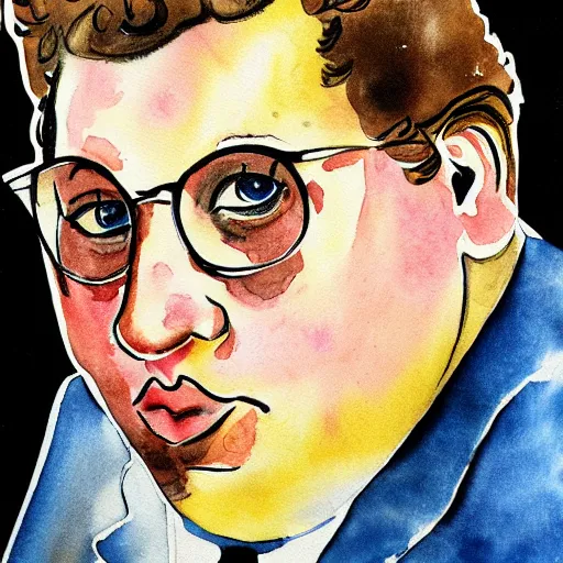 Image similar to jonah hill, stylized. Watercolor and ink. 1940s.