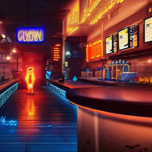 Prompt: in a futuristic cyberpunk city, an orange cat wearing a backpack sleeps on stool at a bar, cgisociety, unreal engine, render, hazy, neon glows, atmospheric,