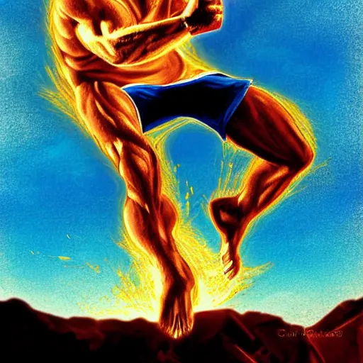 Image similar to buff Walter White kicking blue fire, accurate anatomy, accurate hands, highly detailed, digital art, epic, masterpiece,