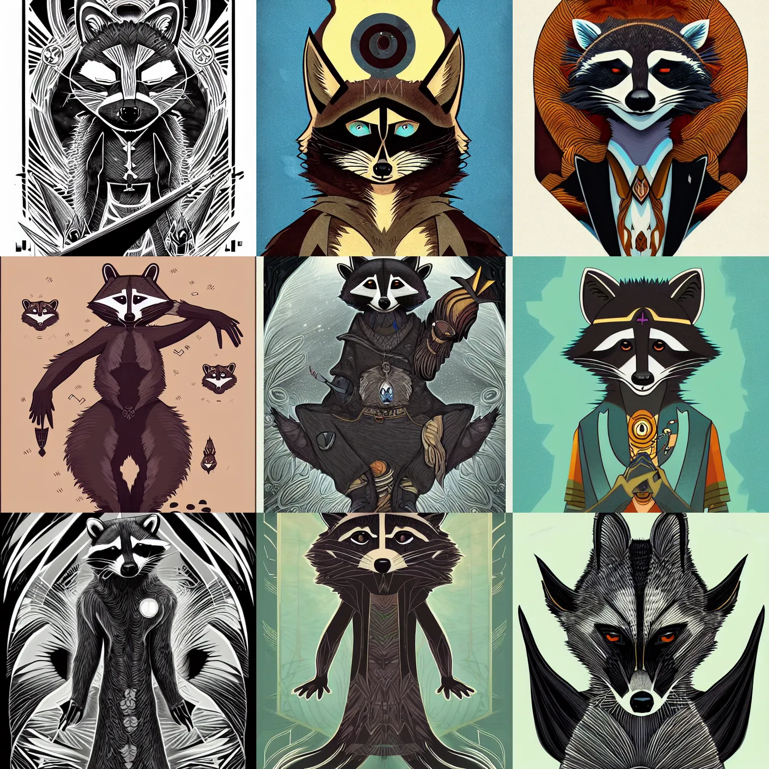 Image similar to an illustration of a raccoon elemental - wizard fantasy - character in the style of art - deco artwork art by kyle ferrin and loish!, digital art, highly detailed, intricate, sharp focus, trending on artstation hq, deviantart, 4 k uhd image