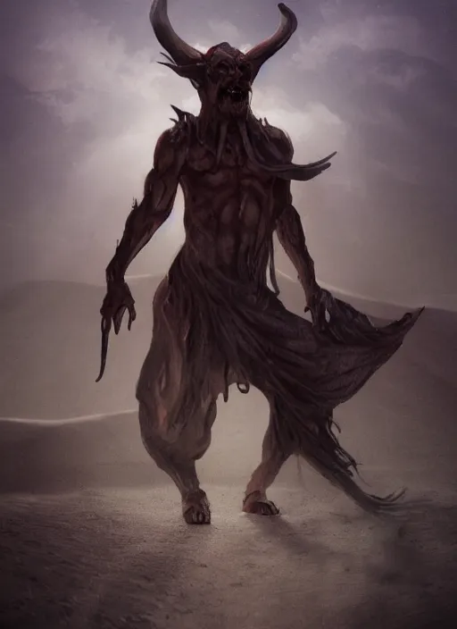 Prompt: terrific jinn demon in middle of desert with hoof on his feet with long cloth, horror, dark atmosphere, harsh lighting, cinematic lighting, scary, award wining art, artstation, high details, concept art, 4 k