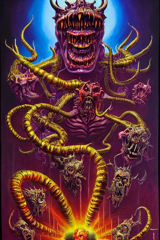 Prompt: a hyperrealistic painting of an epic boss fight against an ornate supreme dark overlord, cinematic horror by chris cunningham, lisa frank, richard corben, highly detailed, vivid color,