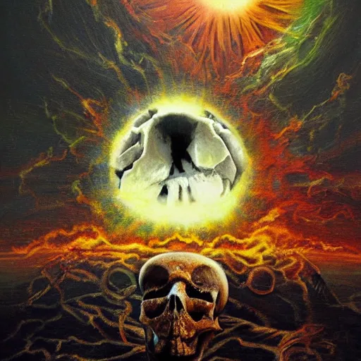 Image similar to ultrarealistic mixed art painting of a skull face Jesus Christ standing tall with the earth sphere in background, drowning into thermonuclear blast mushroom, praying for peace