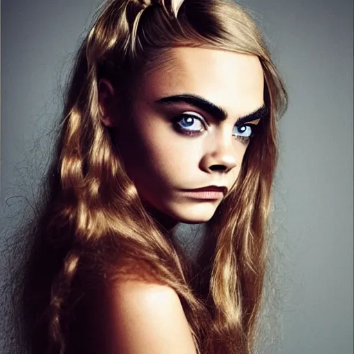 Prompt: portrait of beautiful cara delevingne with a 1 9 7 0 s hairstyle by mario testino 1 9 7 0, headshot, detailed, award winning, sony a 7 r