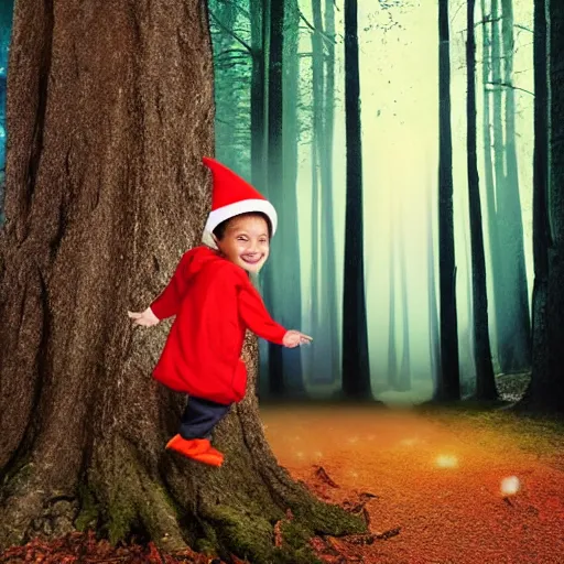 Prompt: a small person with a smile in his face dressed as a gnome peeking behind a tree, forest trail, night time, bright camera flash, camera shaking, realistic, phone recording, bad quality, 480p, scary