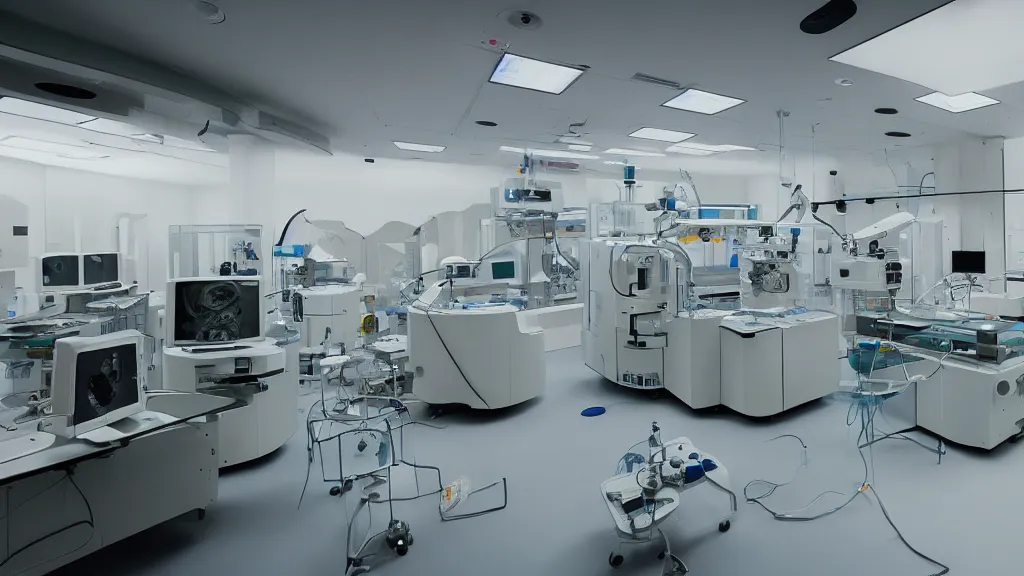 Prompt: an mri image machine and control panels in the glass laboratory room, film still from the movie directed by denis villeneuve with art direction by salvador dali, wide lens