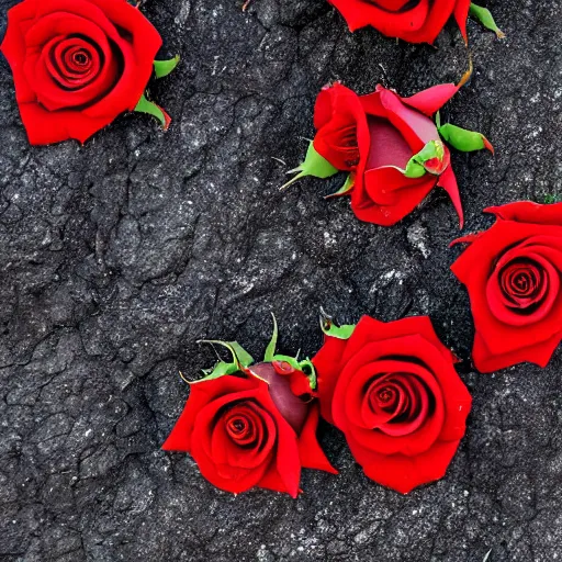 Prompt: red roses, black rocks, photography