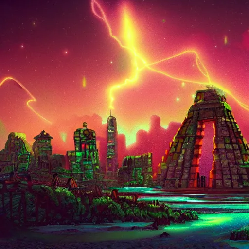Image similar to ancient structure, retrowave epic art, trending on art station