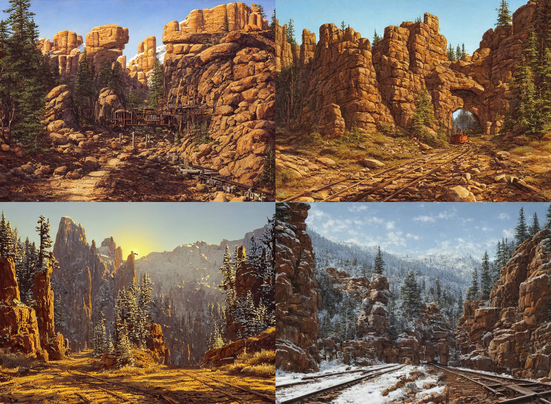 Prompt: entrance to wild west mine, rail tracks lead from the mine, a mine cart sits on the tracks, mine cart, sheer cliffs surround the scene, high elevation, sparse pine forest, dusting of snow,, rock arches, long shadows, golden hour, wide angle, oil painting, albert bierdstadt