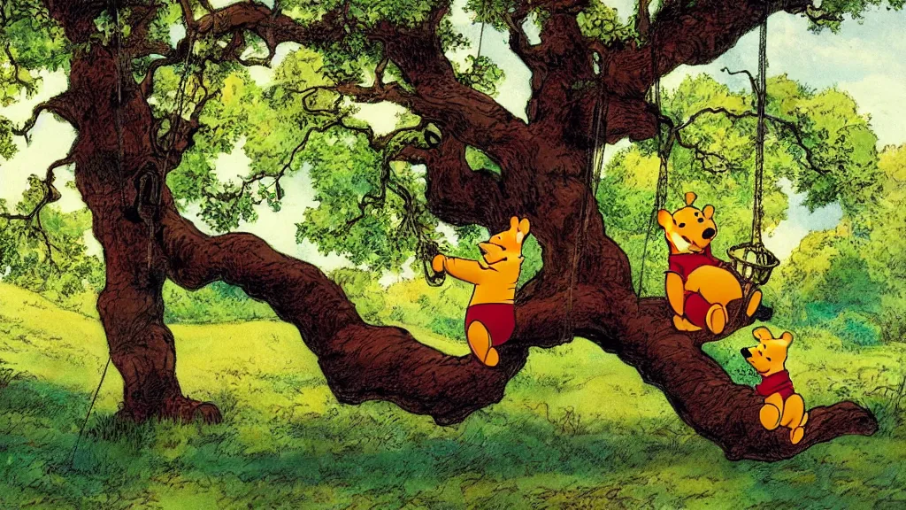 Prompt: winnie the pooh sitting on a swing by a large oak tree, beautiful landscape, vivid colors, by bill watterson