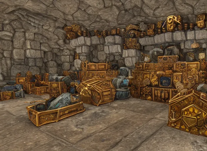 Prompt: a dwarven treasure room containing large multifaceted jewels, war hammers, and dwarven mining equipment