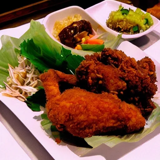 Prompt: fried chicken, sticky rice, papaya salad, thai street food, advertisement, banner “