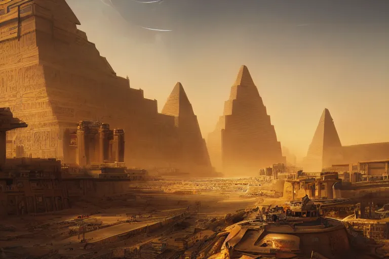 Image similar to futuristic oriental robotic egyptian city, matte painting, long shot, concept art, wide shot, digital art, trending on artstation, 4 k, extremely detailed, realistic, midday, warm colors, golden sunlight, by greg rutkowski, cinematic, epic