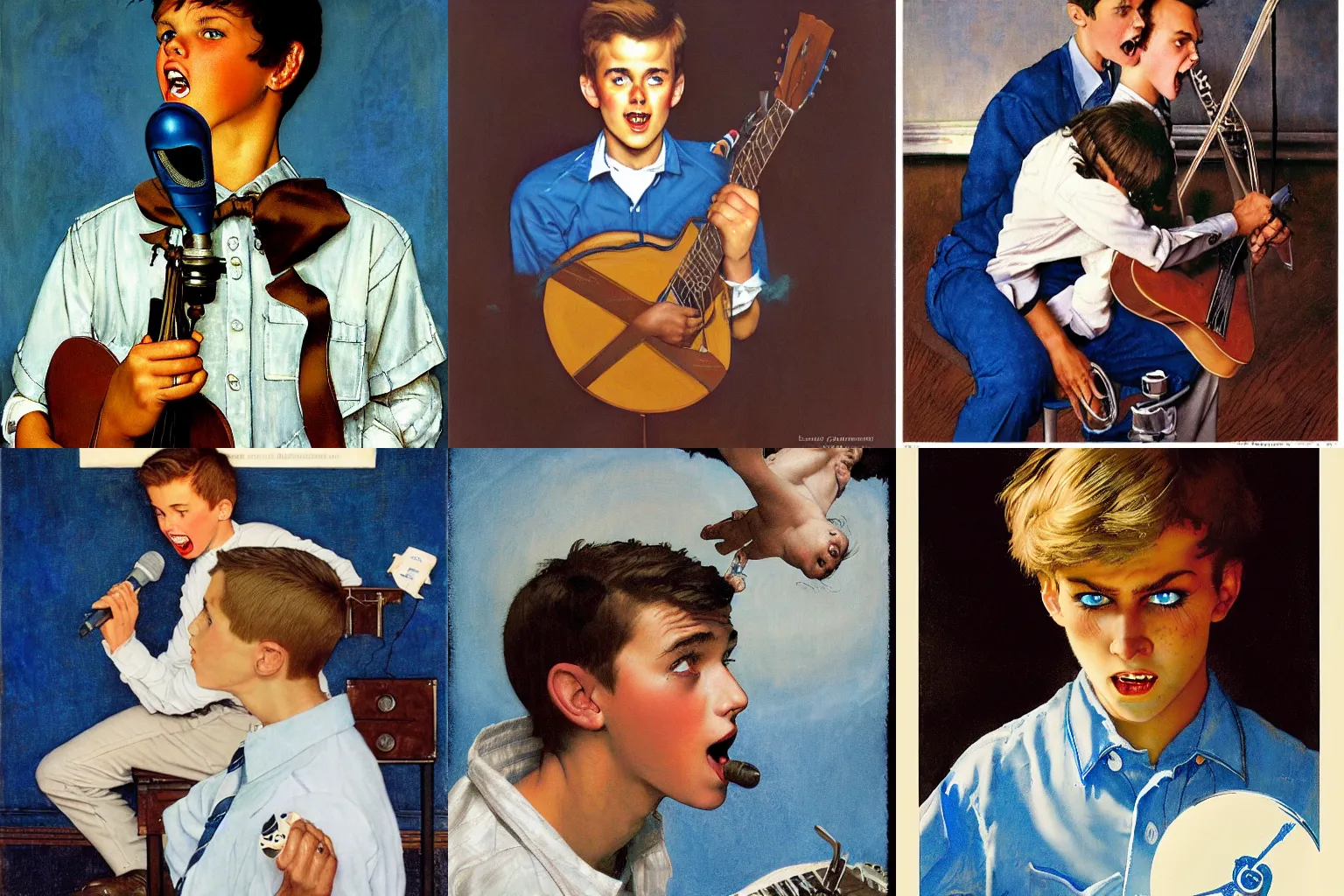 Prompt: a handsome teenage boy with sandy brown hair and blue eyes with a blue and white color scheme engaged in a a singing contest against a demon with his soul on the line. By Norman Rockwell, Dan mora, Toby Lewin