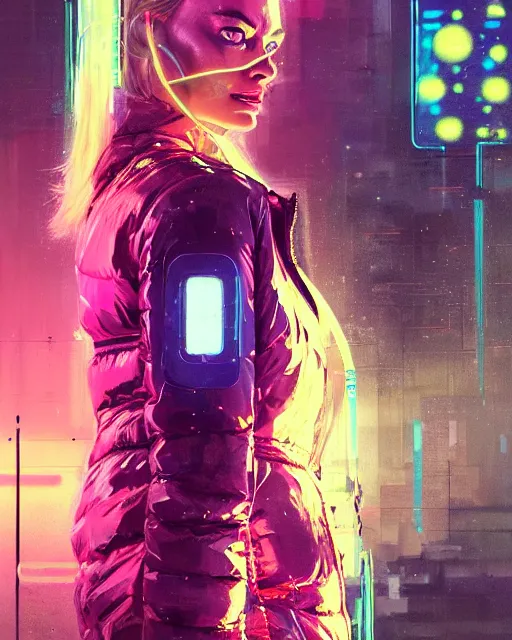Prompt: detailed portrait of margot robbie as a neon operator girl, cyberpunk futuristic, neon, reflective puffy coat, decorated with traditional japanese by ismail inceoglu dragan bibin hans thoma greg rutkowski alexandros pyromallis nekro rene margitte, illustrated, perfect face, fine details, realistic shaded, fine - face, pretty face