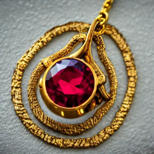 Image similar to macro shot of an intricately detailed!!! golden necklace with an embedded ruby gem, lying on a oak table indoors, sunlit day, f 0. 4