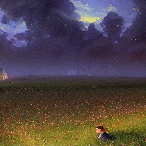 Prompt: a field at night filled with hundreds of firefly lightning bugs. By Makoto shinkai. By Nikolay Makovsky