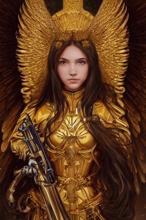 Prompt: portrait of a young beautiful Saint Celestine, intricate golden armor with angel wings, Warhammer 40k-inspired, fantasy, intricate, beautiful eyes, realistic face, cinematic lighting, highly detailed, digital painting, Artstation, concept art, smooth, sharp focus, illustration, art by Artgerm and Greg Rutkowski and Alphonse Mucha