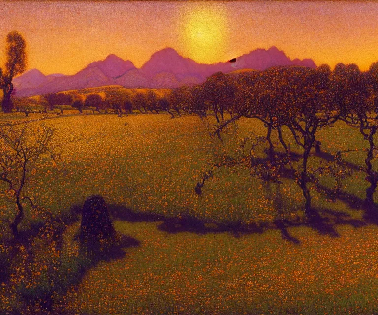 Image similar to a beautiful orchard in full bloom, golden hour, by lovell birge harrison and nicholas roerich and maxfield parrish and jean deville and annie swynnerton, dramatic lighting, distant mountains