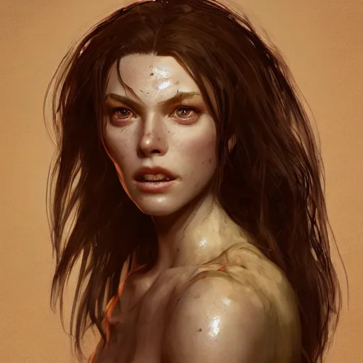 Image similar to portrait of beautiful woman - raw as a legendary ninja warrior, au naturel, hyper detailed, digital art, trending in artstation, cinematic lighting, studio quality, smooth render, unreal engine 5 rendered, octane rendered, art style by klimt and nixeu and ian sprigger and wlop and krenz cushart.