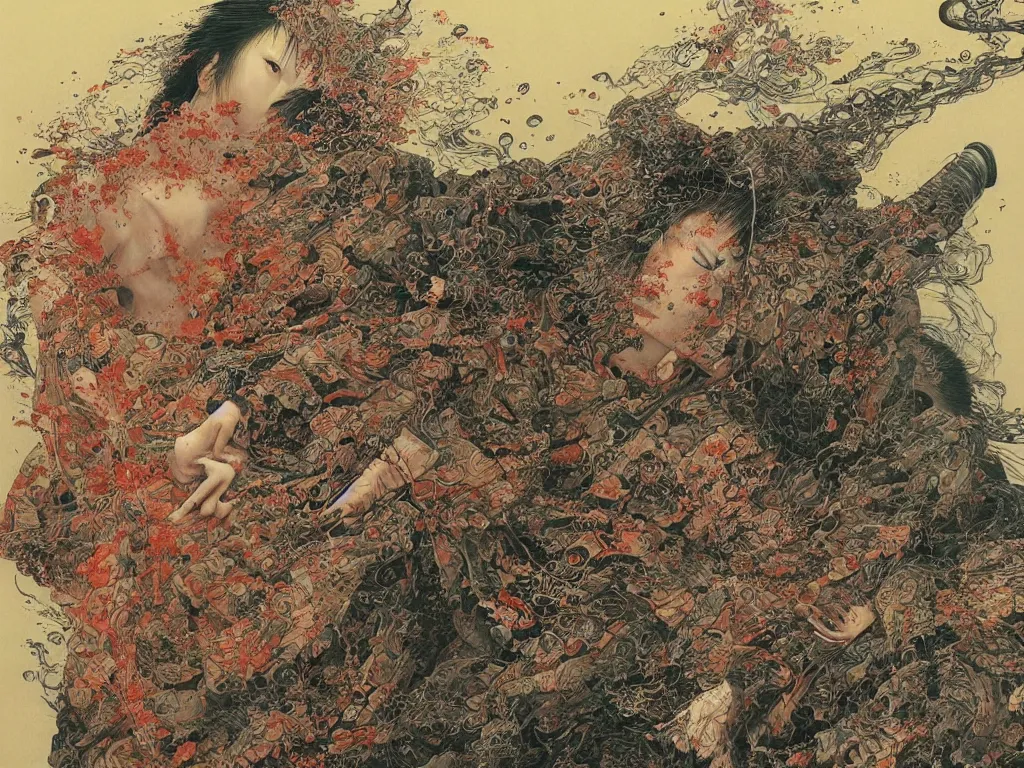 Image similar to Japanese schoolgirl runs away from Samurai with a katana on the subway, high detailed Beksinski painting, part by Adrian Ghenie and Gerhard Richter. art by Takato Yamamoto. masterpiece