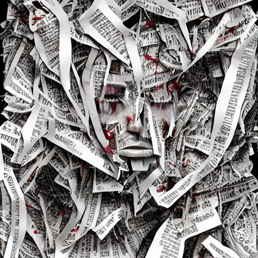 Prompt: multiple faces shredded like paper news scared, dark horror, surreal, illustration, by alley burke