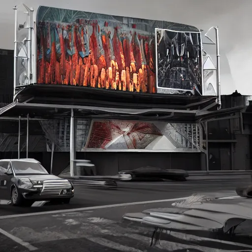 Image similar to sci-fi organic brutalism speed dynamic o x u wall panel on the coronation of napoleon painting and digital billboard in the middle, unreal engine 5, keyshot, octane, artstation trending, ultra high detail, ultra realistic, cinematic, 8k, 16k, in style of zaha hadid, in style of nanospace artstation, in plastic,dark, tilt shift,