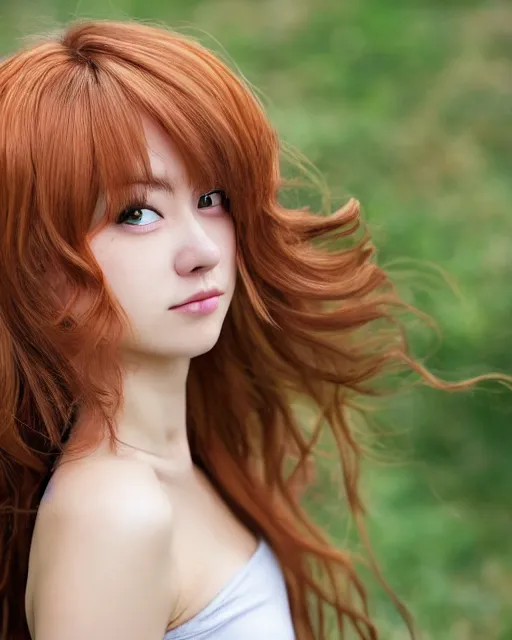 Prompt: happy cute teenage girl Portraits.Closeup of the pretty Anime girl's side face with her head slightly raised.Slightly curly Orange flowing hair by WLOP and VOFAN and mika pikazo,yoneyma Mai