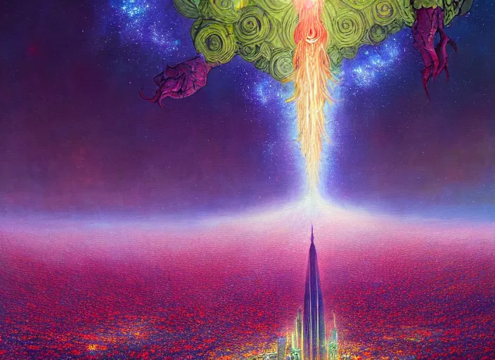 Image similar to a beautiful painting of a large alien city shrouded by mystic nebula magic in a field of flowers by moebius and android jones, oil on canvas sharp, details, hyper - detailed, hd, hdr, 4 k, 8 k