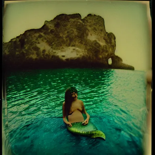 Prompt: weird mermaid, megalophobia, expired film, old polaroid,