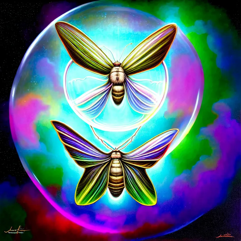 Prompt: a photorealistic detailed image of a moth in a soap bubble, spiritualism, wordly, utopian, triumphant, cinematic, epic, grandiose, unhinged, biology, surrealistic, by jason felix, dan mumford, kinkade, lisa frank, lois van baarle, ross tran, wpa, public works mural, orthodoxy