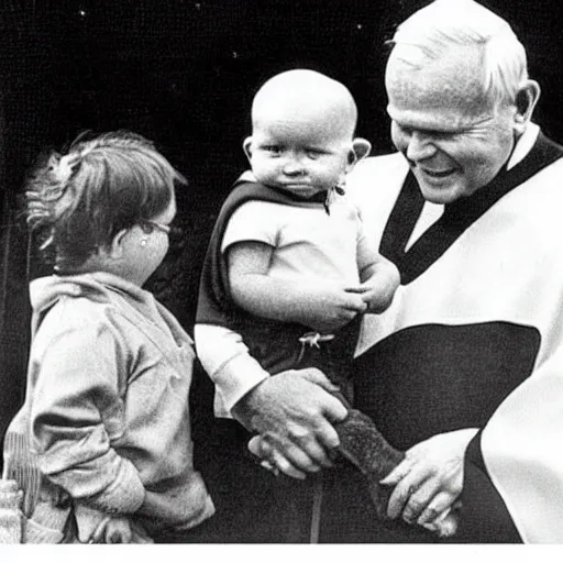 Image similar to john paul ii as a superhero holding kid, super realistic,