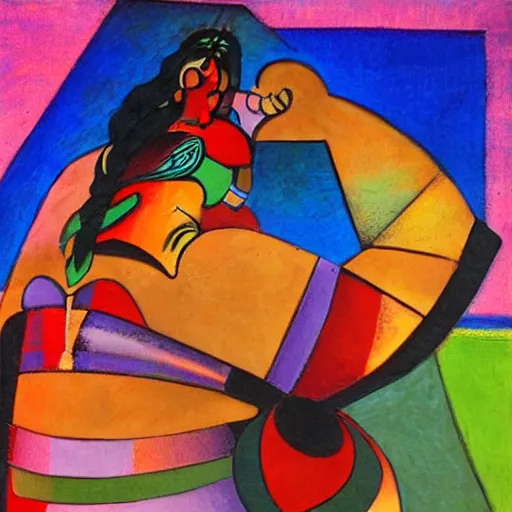 Image similar to fat mayan woman dancing, brilliant sunset, cubism, muted colors, texture