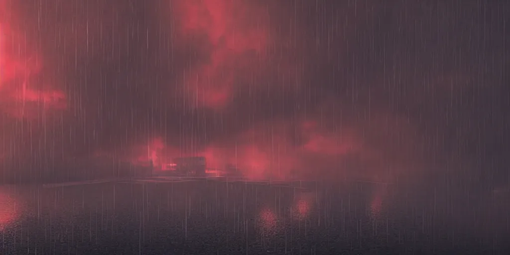 Prompt: sad singularity silhouette, octane renderer, stormy weather, atmospheric establishing shot, rain, night, film grain, cinematic render, end of the world, environment art trending on ArtStation, ultra detailed technological city, red smoke, hyper detailed steel and glass building, volumetric fog